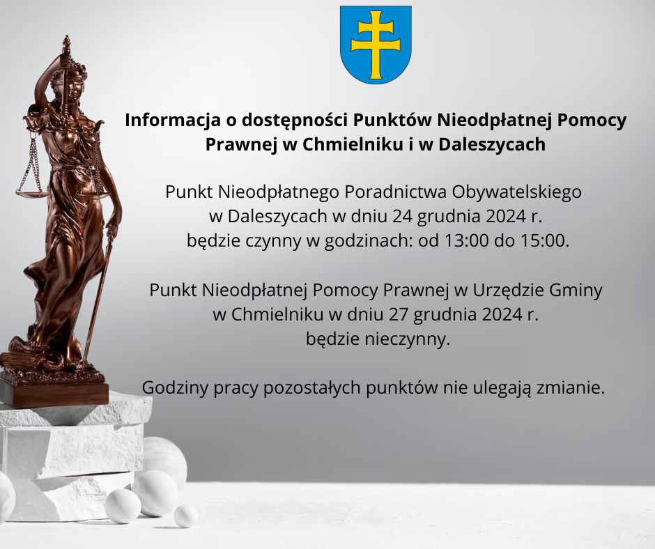 Informacja o dostępności Punktów Nieodpłatnej Pomocy Prawnej w Chmielniku i w Daleszycach